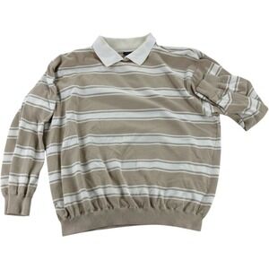 Lizwear Polo Sweater Mens Medium Tan White Striped Long Sleeve Cotton Knit